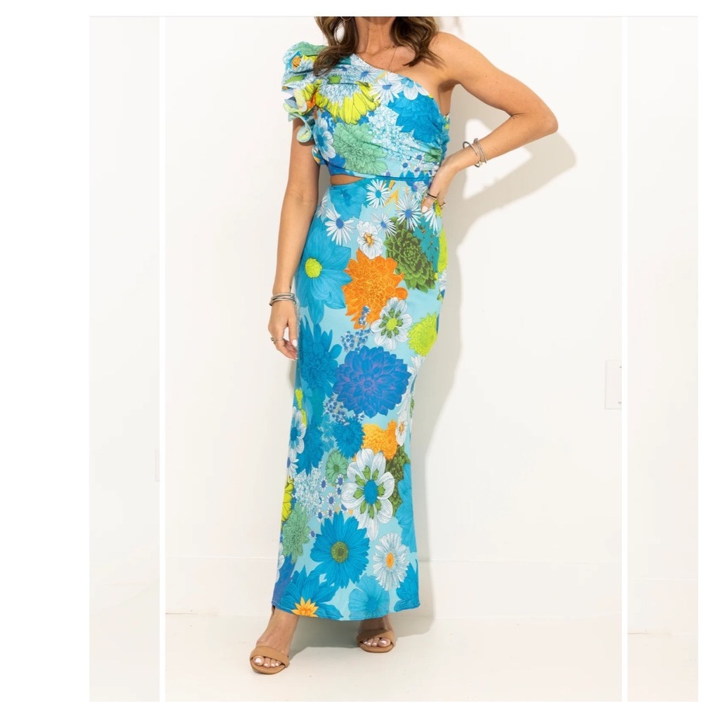 Tropical Beach Vacation Island Blue Floral One Shoulder Cutout Maxi Dress Small